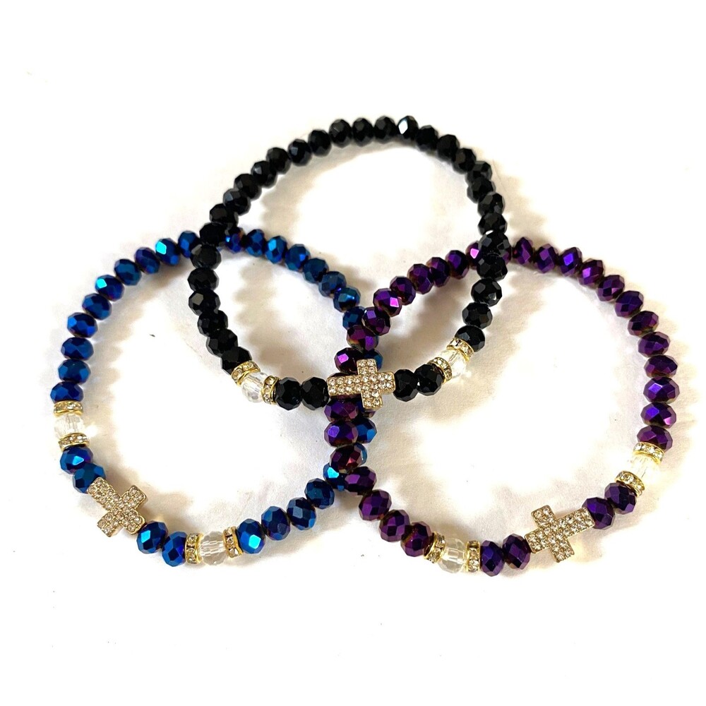Metallic Iridescent Cross Charm Bracelet Trio Octagon Beads Multicolor Stretch